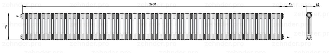 Схема (чертеж) Радиатор Zehnder Charleston 2026/60 №1670 Белый глянцевый RAL 9016